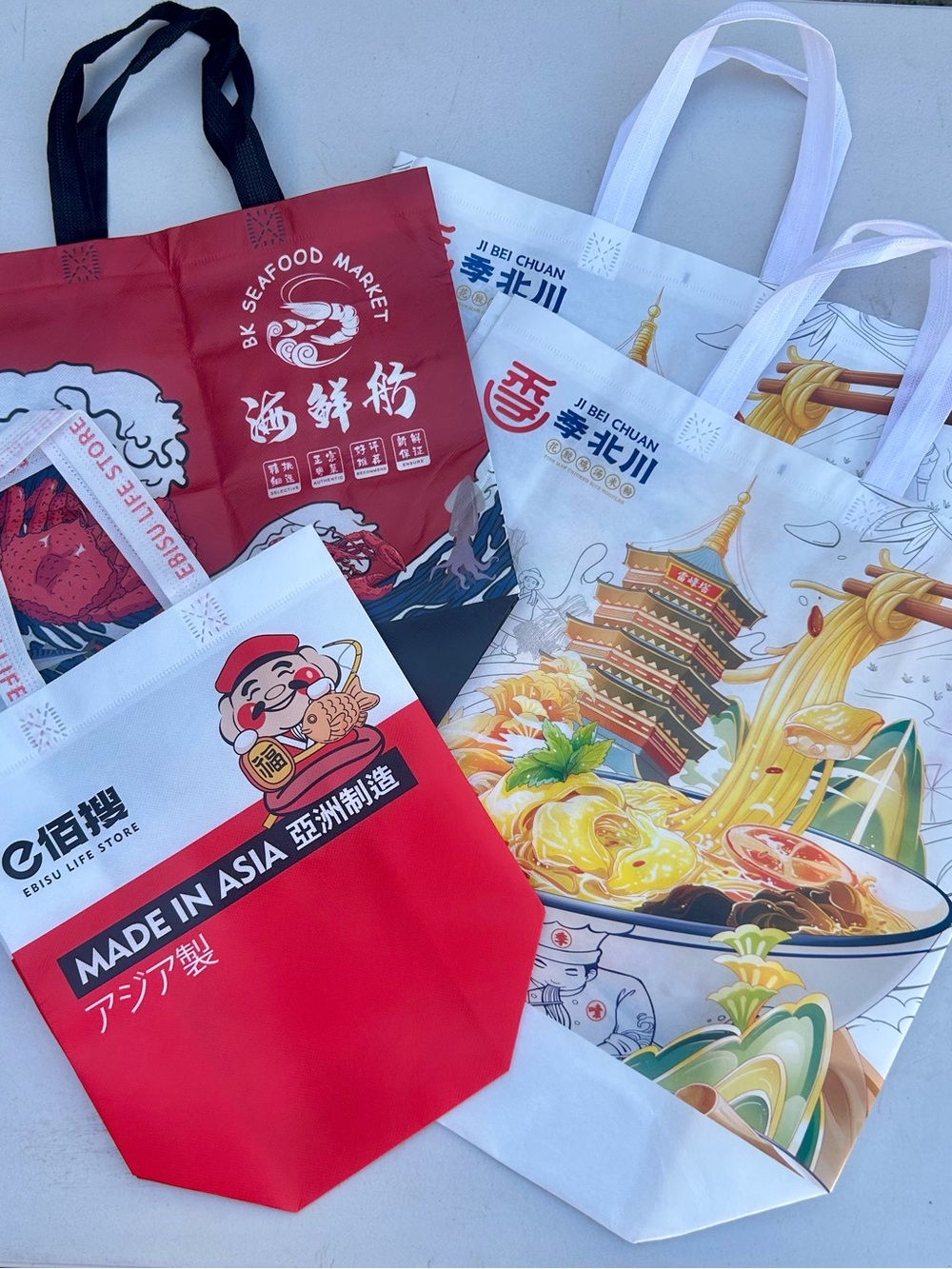 Asian Market NYC Reusable Tote Shopping Bags Ebisu Ji Bei Chaun BK Seafood